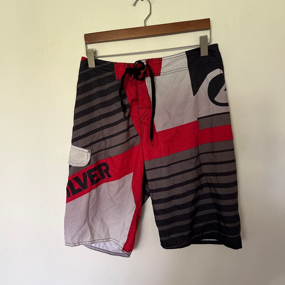Quiksilver Cypher Series Mens Board Shorts Red Black Grey Striped Size 34